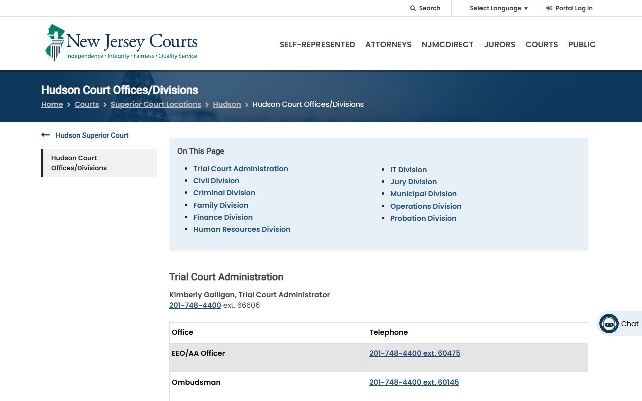 Hudson County court offices page for the Hudson Vicinage Superior Court