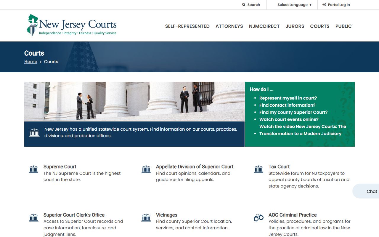 New Jersey Courts page showing the court structure that serves Hudson County