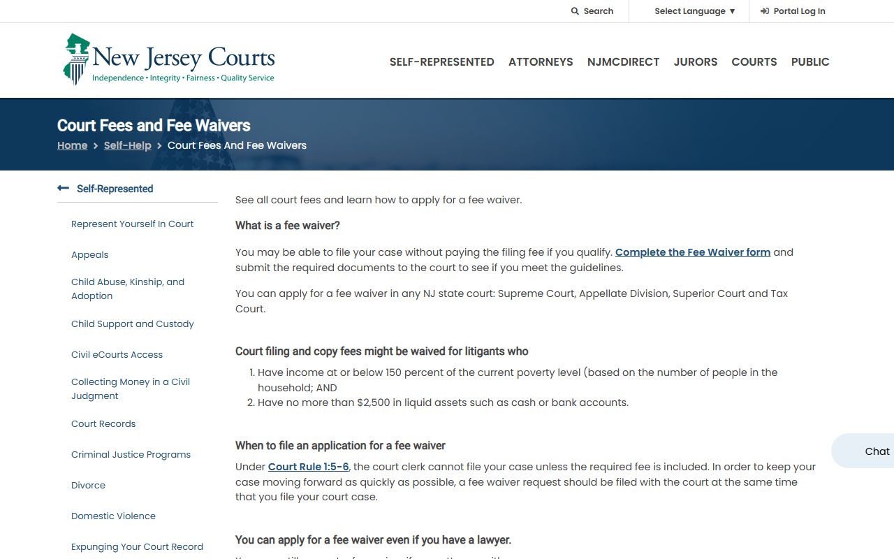 Hudson County probate records fee waiver page on the NJ Courts site